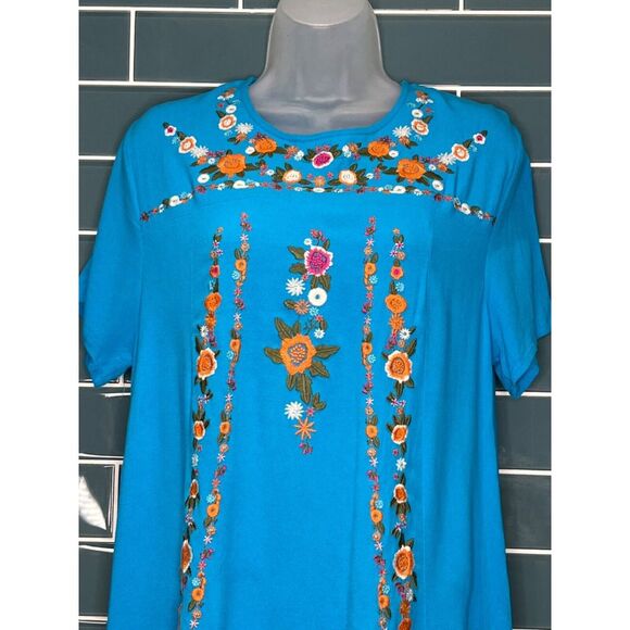 UMGEE BRIGHT TURQUOISE BLUE SHORT SLEEVE EMBROIDERED FLOWY BOHO A-LINE DRESS M - Picture 3 of 9